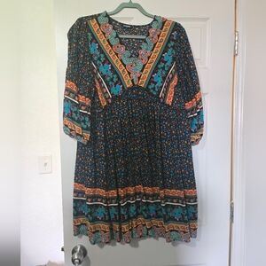 Black and Blue V-Neck Sundress with Bishop Sleeves